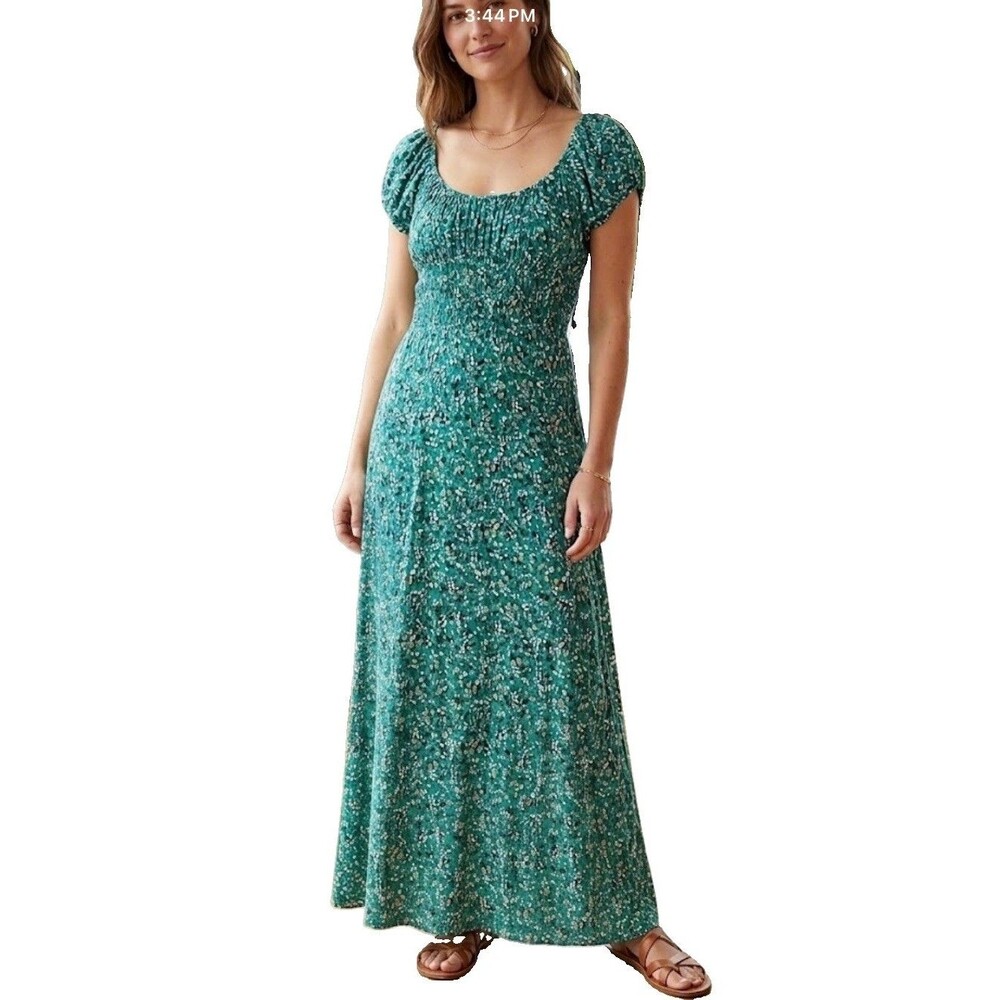 MADEWELL Floral Maxi Dress Size 6 Green Ruched Scoop neck Milkmaid
